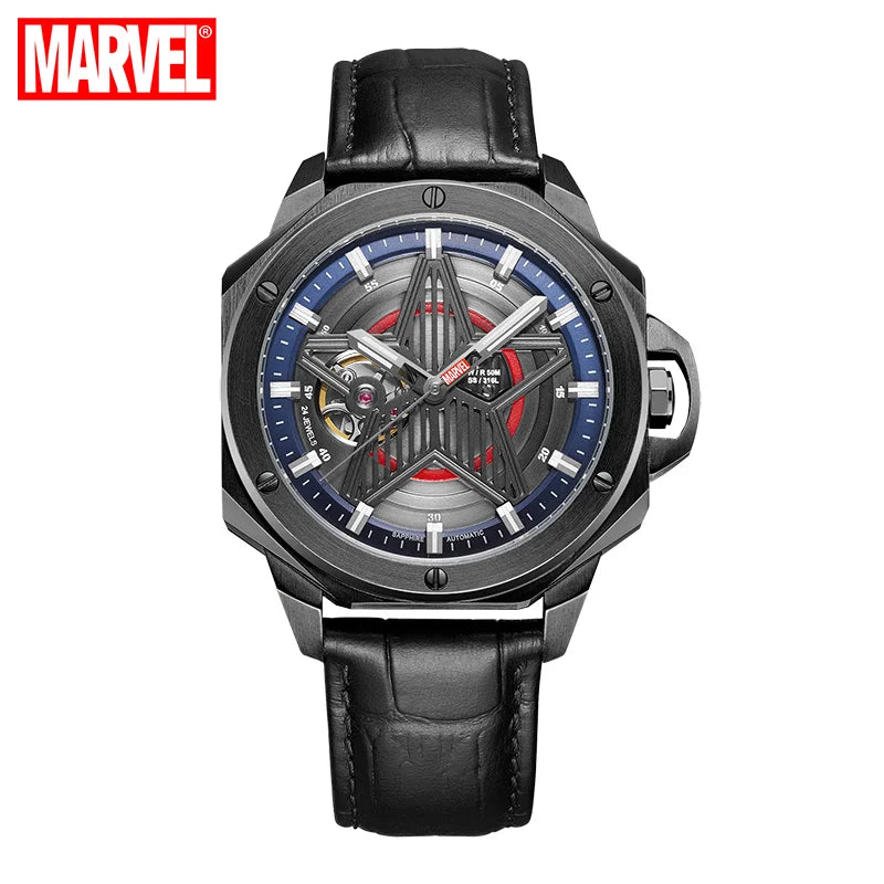 Relógio esqueleto Avengers Captain America - Caixa preta e bracelete de couro