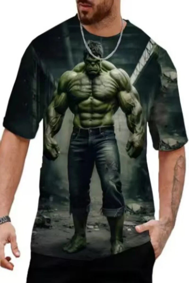 3D-Hulk-T-shirt til mænd – stående i en fabrik i ruiner