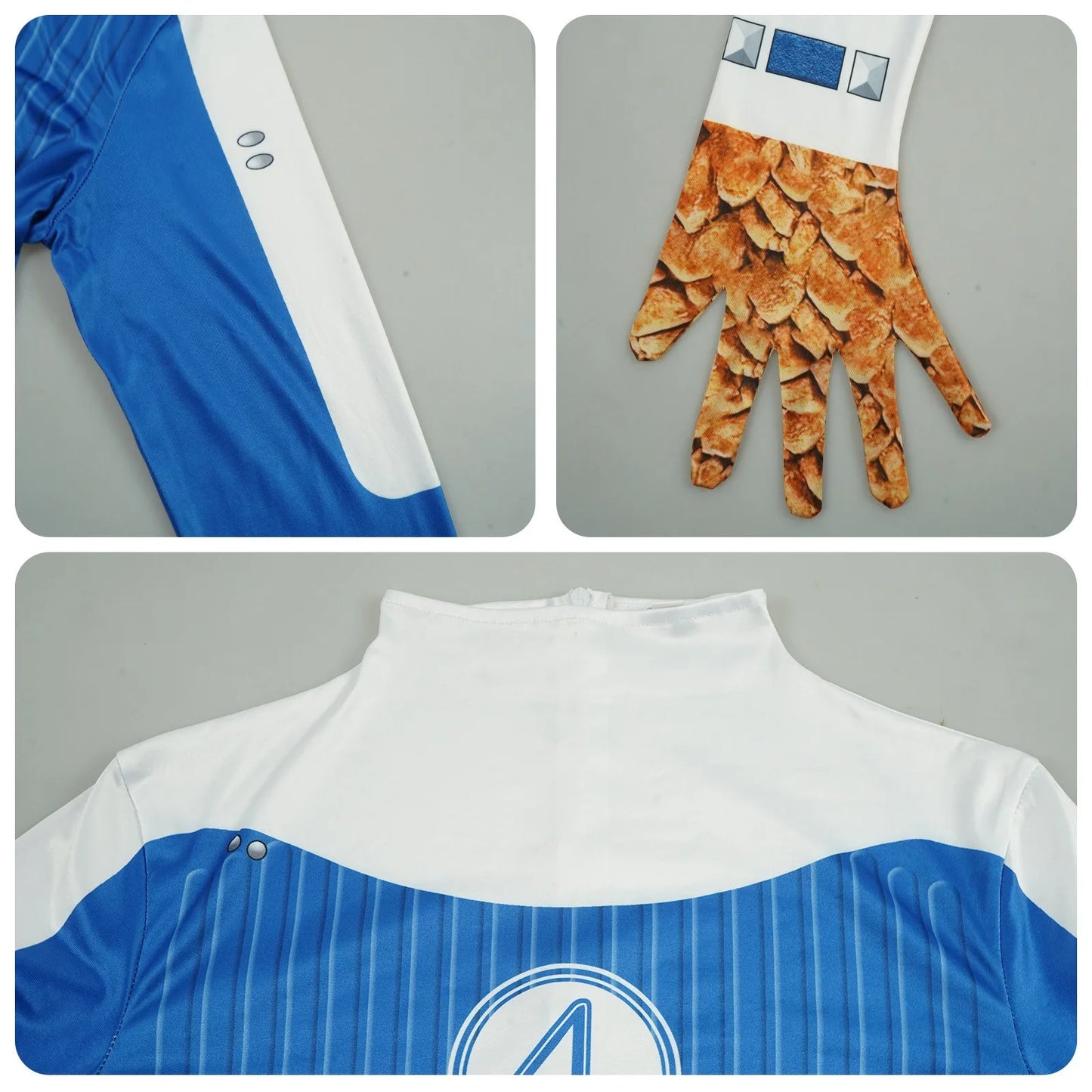 Fantastic Four Ben Grimm-dräkt – blå jumpsuit med handskar med steneffekt