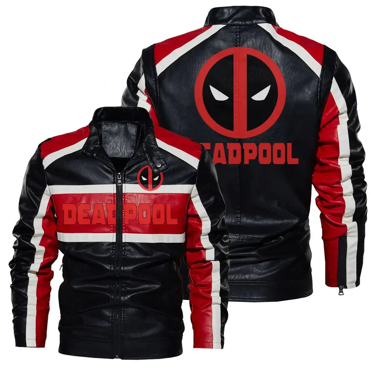 Deadpool-skinnjacka för män – röd, svart och vit logotyp, motorcykelstil