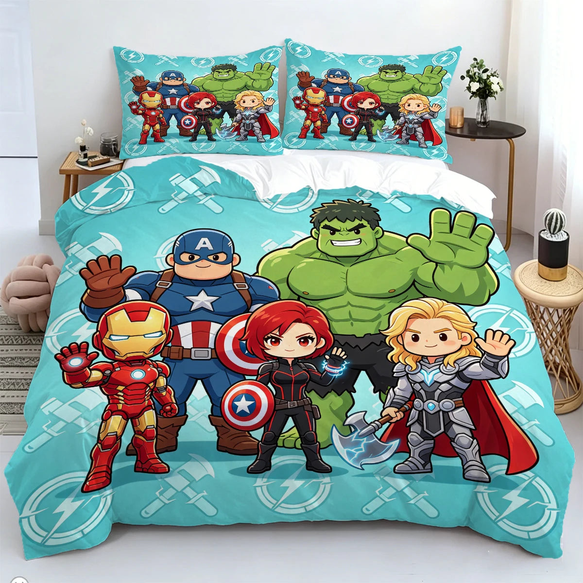 Husă de pilotă Avengers Chibi – Fundal turcoaz