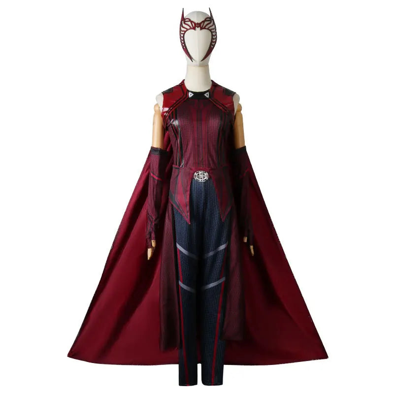 Wanda Maximoff Scarlet Witch-cosplaydräkt – röd jumpsuit med mantel och huvudbonad