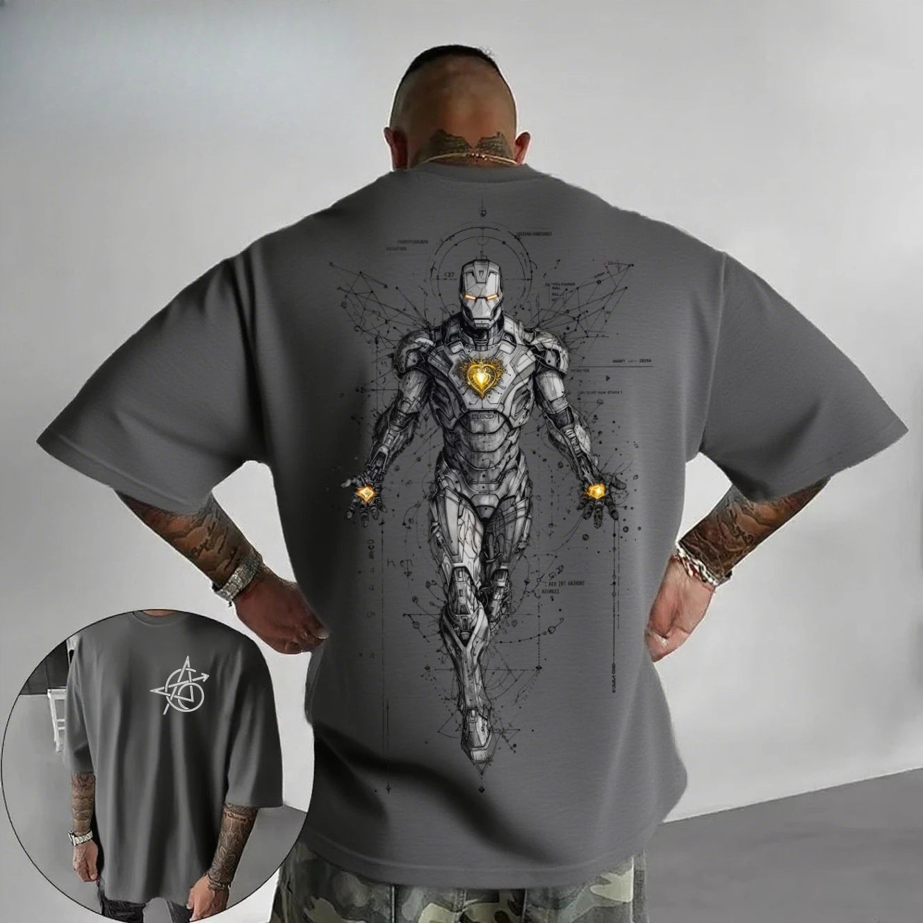 T-shirt Avengers Iron Man - Ilustração de linhas tecnológicas cyberpunk, branca, corte oversized