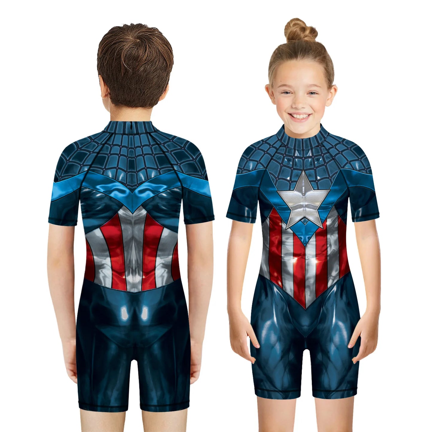 Costum de baie pentru copii Captain America - costum 3D cu stea și mâneci scurte