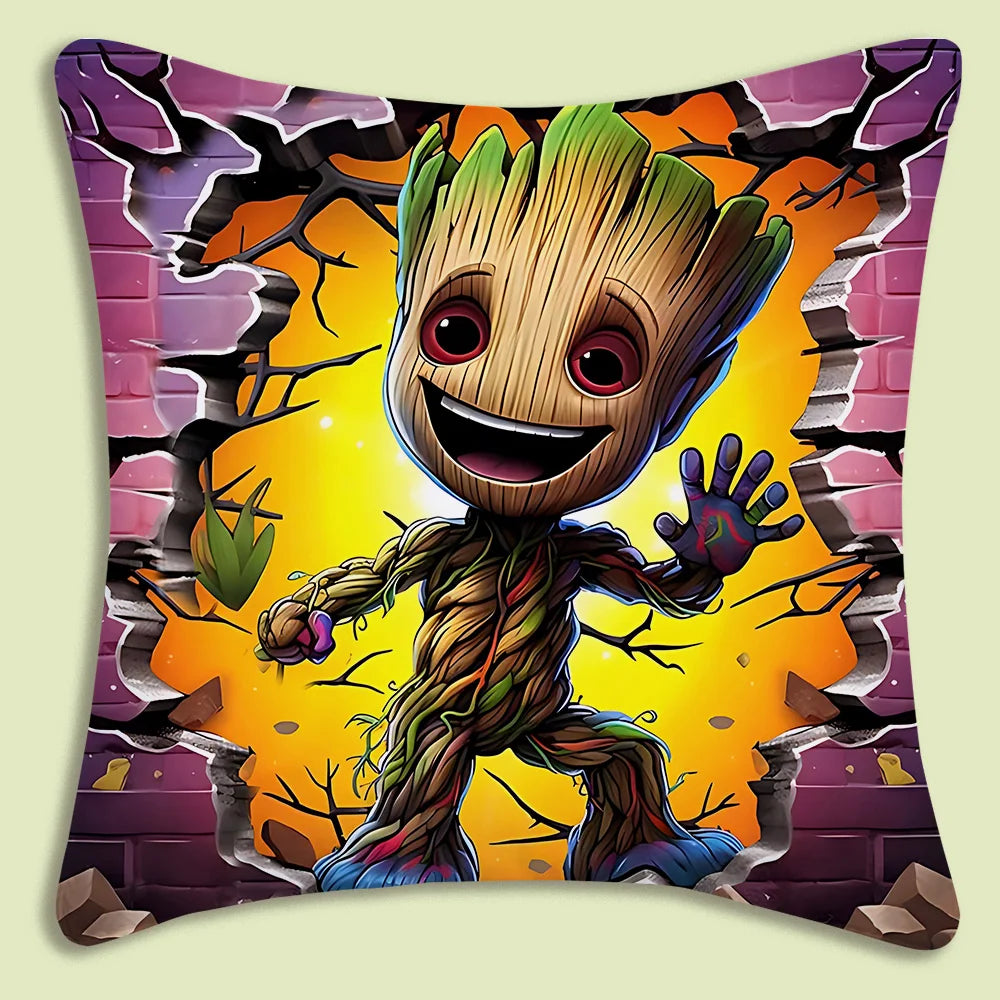 Pudebetræk med Baby Groot - går gennem en mur i pink og gul mursten