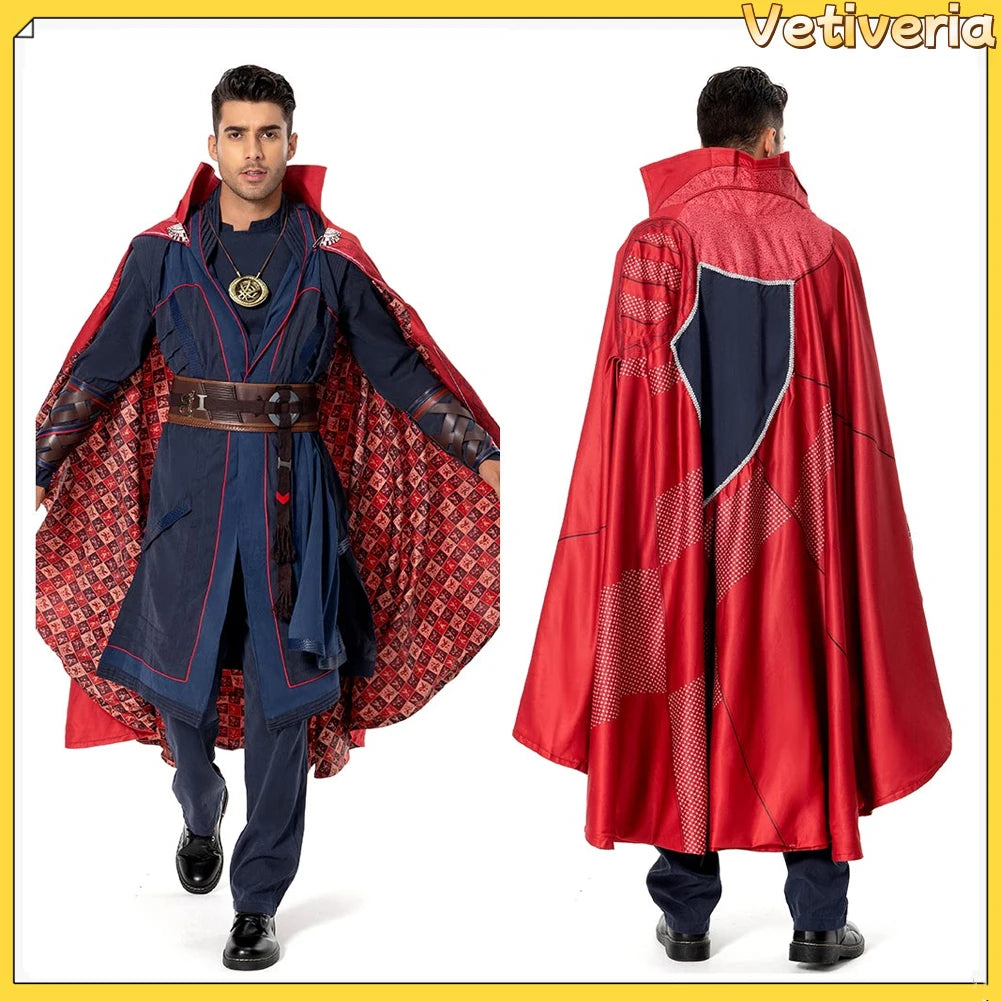 Doctor Strange Multiverse of Madness Cosplay Costume - Red Cape, Blue Robe, Amulet, Adult