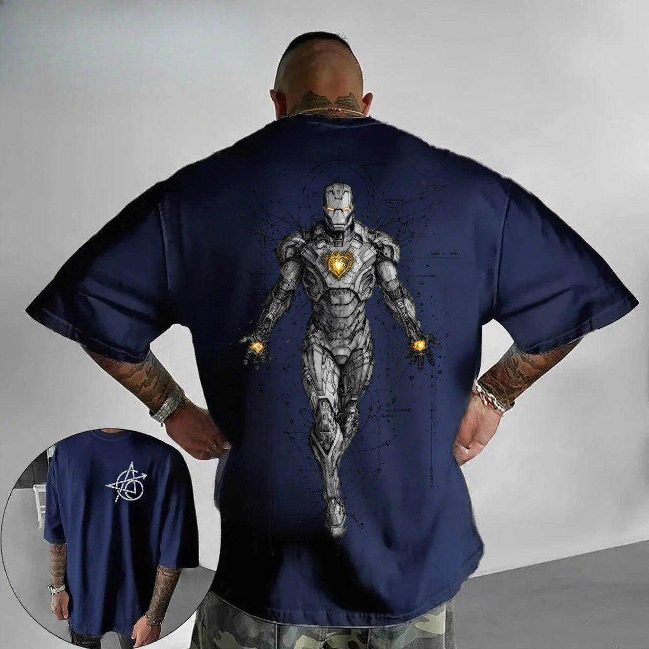 T-shirt Avengers Iron Man - Ilustração de linhas tecnológicas cyberpunk, branca, corte oversized