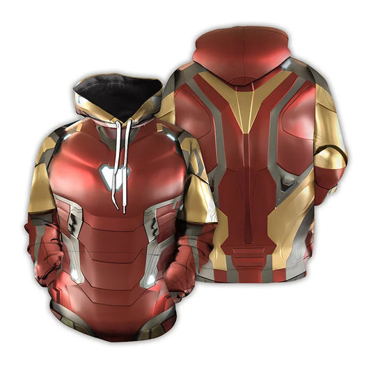Iron Man kapucnis pulóver – piros-arany páncél 3D-s nyomattal