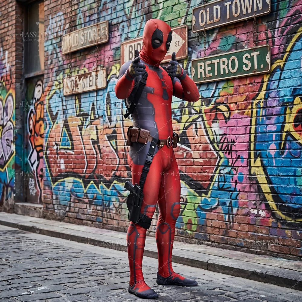 Komplett Deadpool-cosplaydräkt – katanas, mask och bälte för vuxna