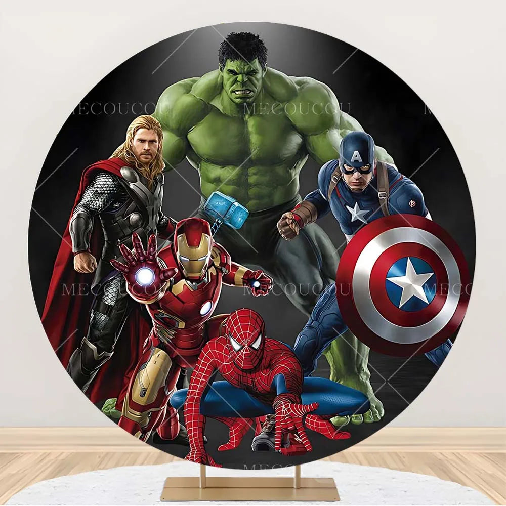 Rund Avengers-bakgrund – Födelsedagsdekoration med hjältegrupp