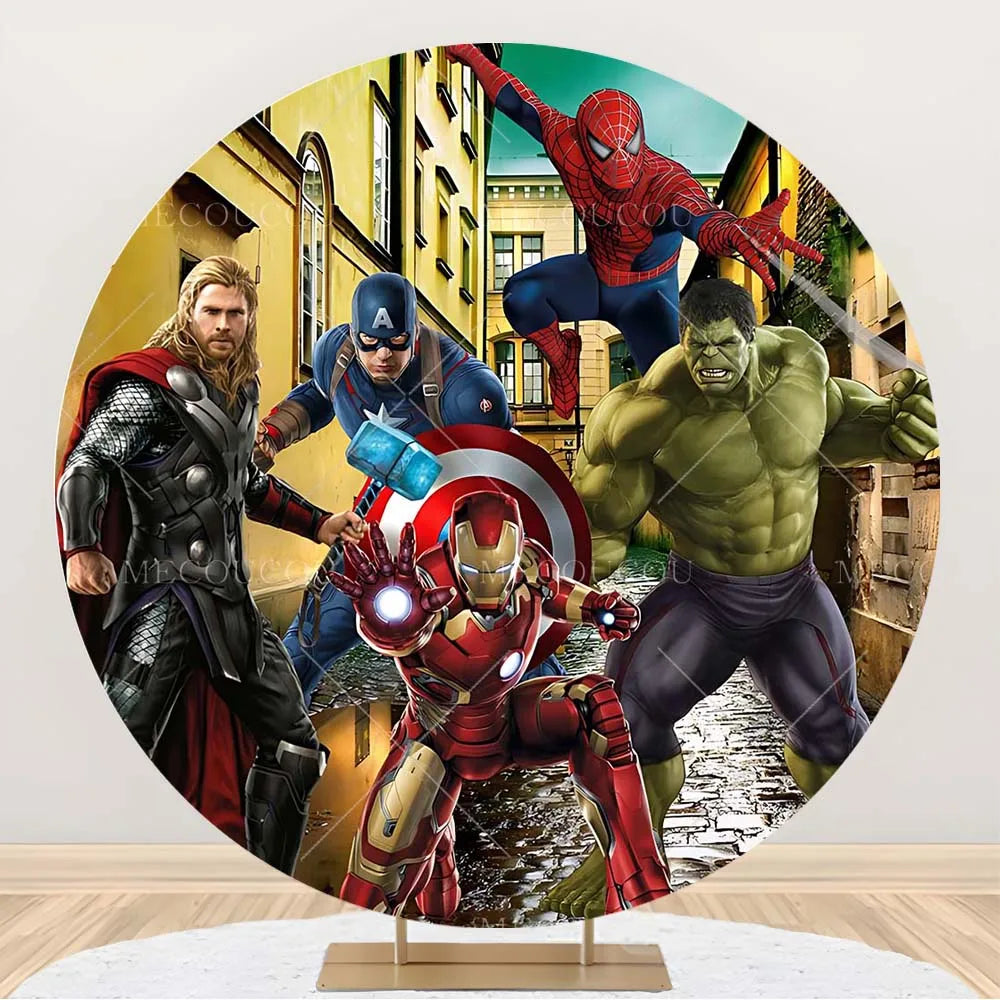 Rund Avengers-bakgrund – Födelsedagsdekoration med hjältegrupp