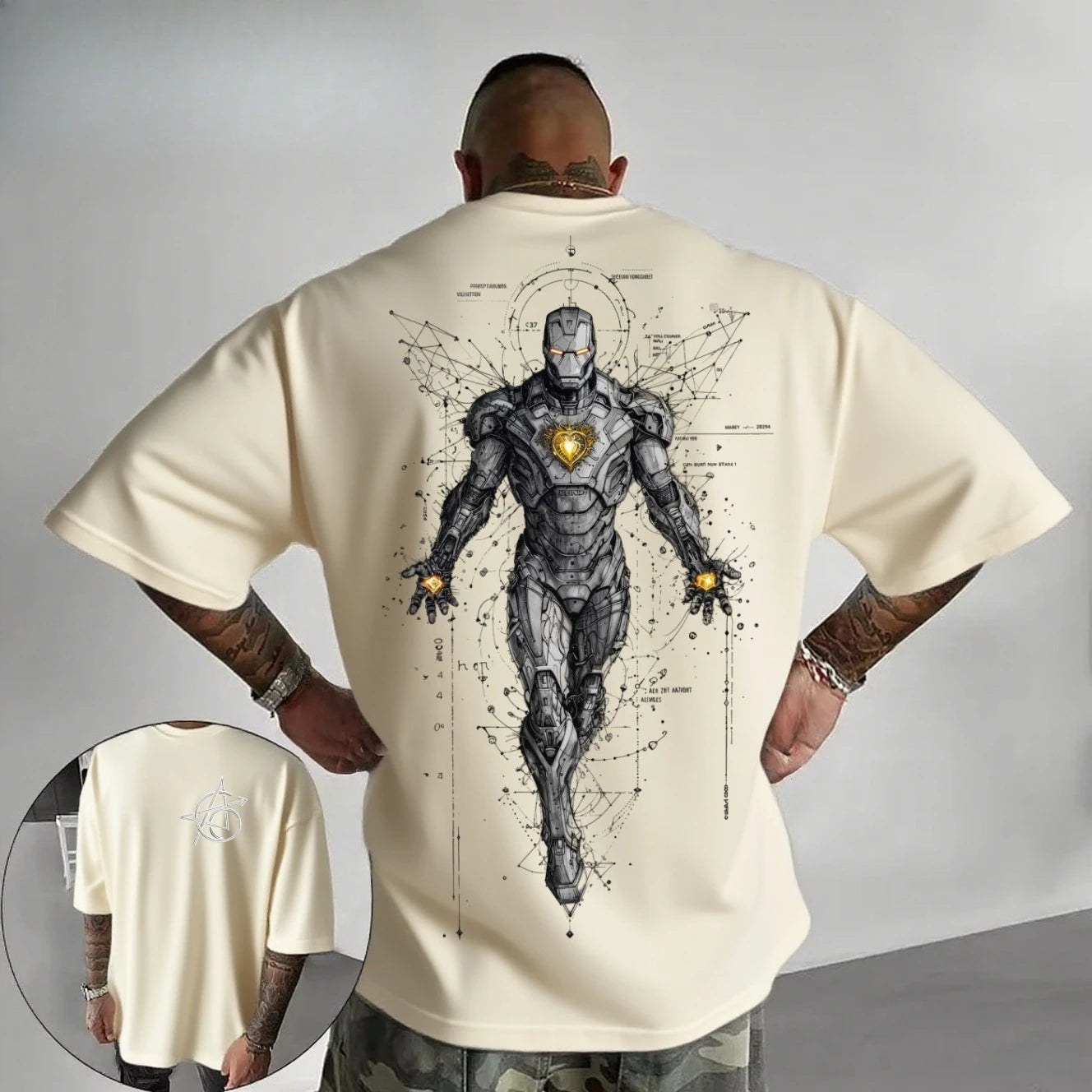 T-shirt Avengers Iron Man - Ilustração de linhas tecnológicas cyberpunk, branca, corte oversized