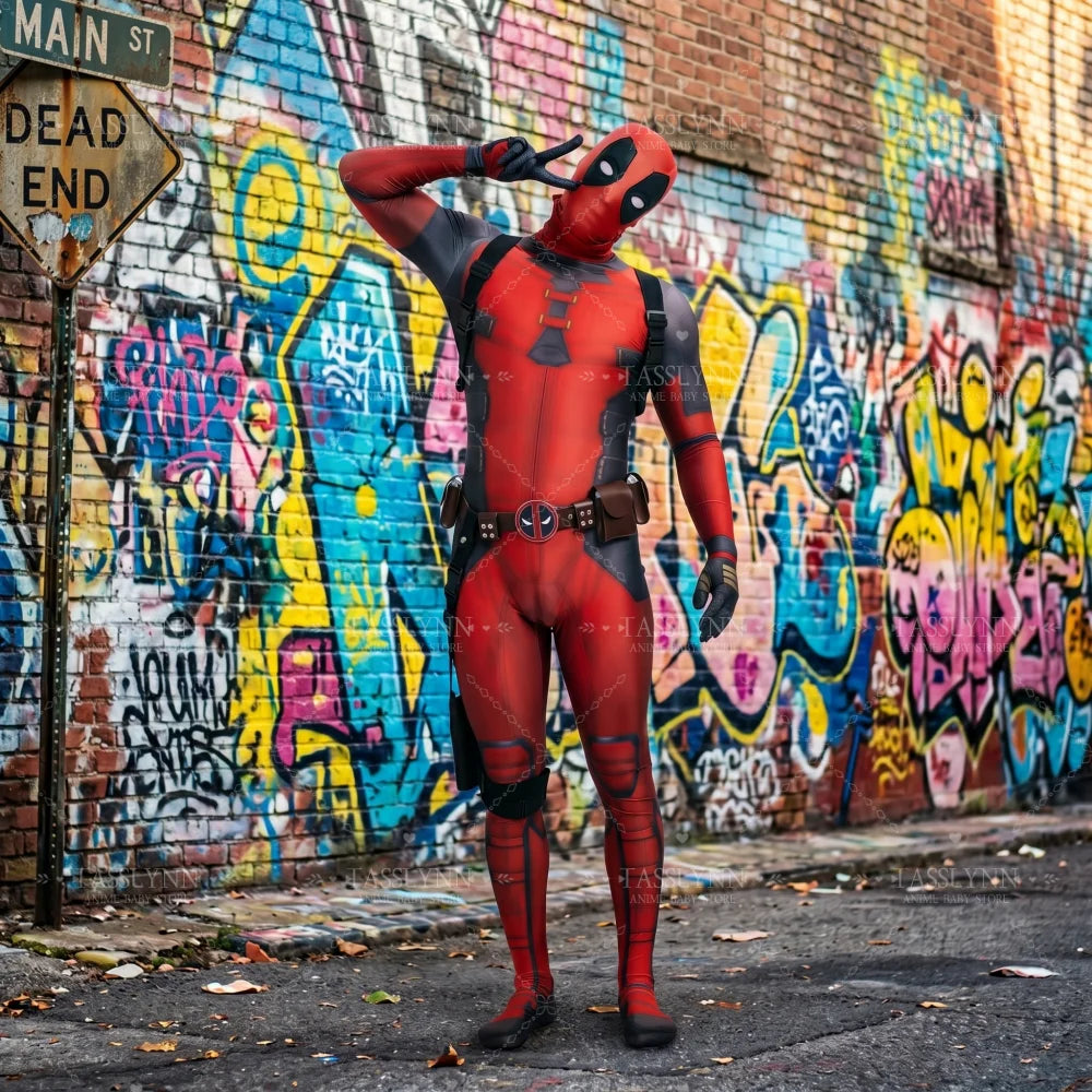 Komplett Deadpool-cosplaydräkt – katanas, mask och bälte för vuxna