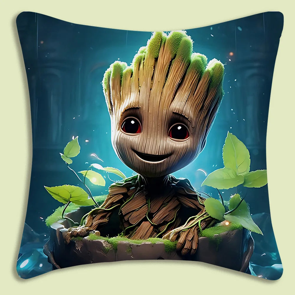 Capa de almofada Baby Groot - Sorridente num vaso com fundo azul