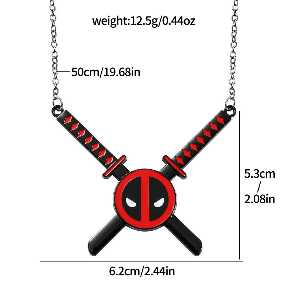 Deadpool-medálos nyaklánc – keresztbe tett, dupla vörös-fekete katanák