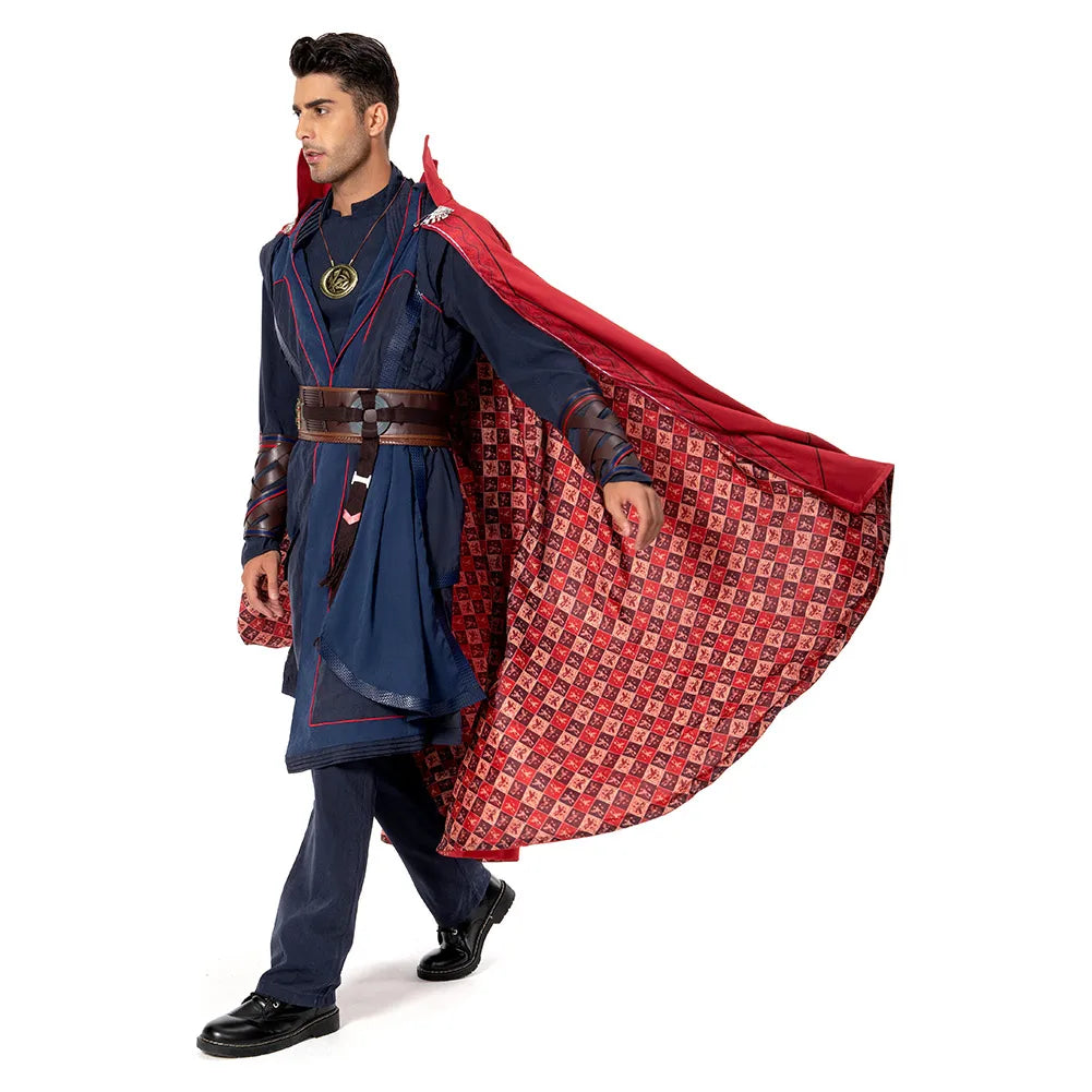 Doctor Strange Multiverse of Madness Cosplay Costume - Red Cape, Blue Robe, Amulet, Adult