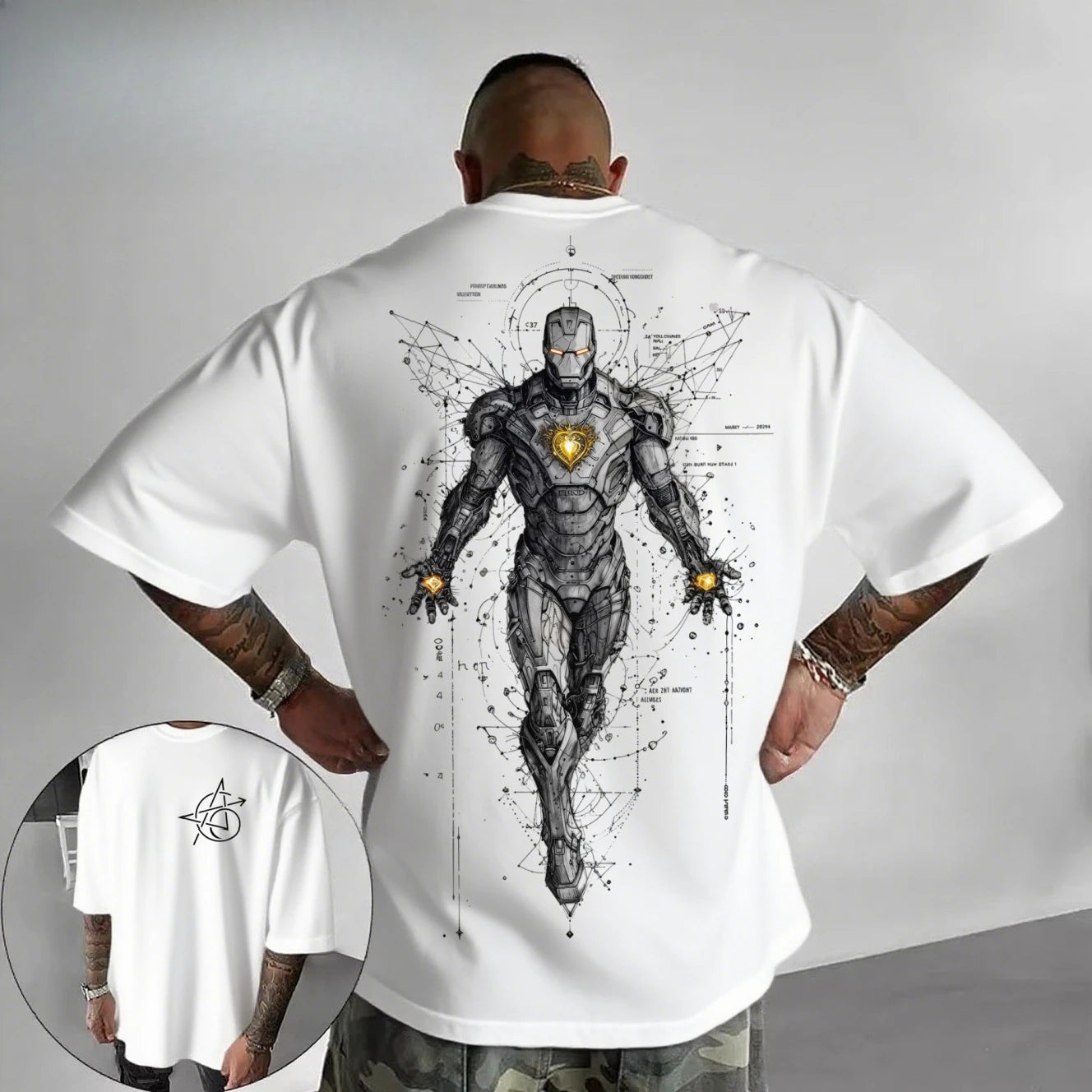 T-shirt Avengers Iron Man - Ilustração de linhas tecnológicas cyberpunk, branca, corte oversized