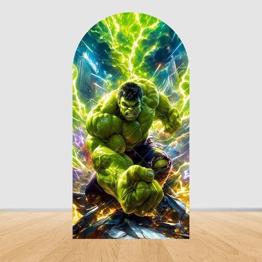 Avengers Hulk-festbakgrund med båge – gröna blixtar över staden