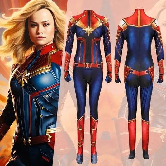 Captain Marvel-cosplaydragt – blå og rød zentai-dragt