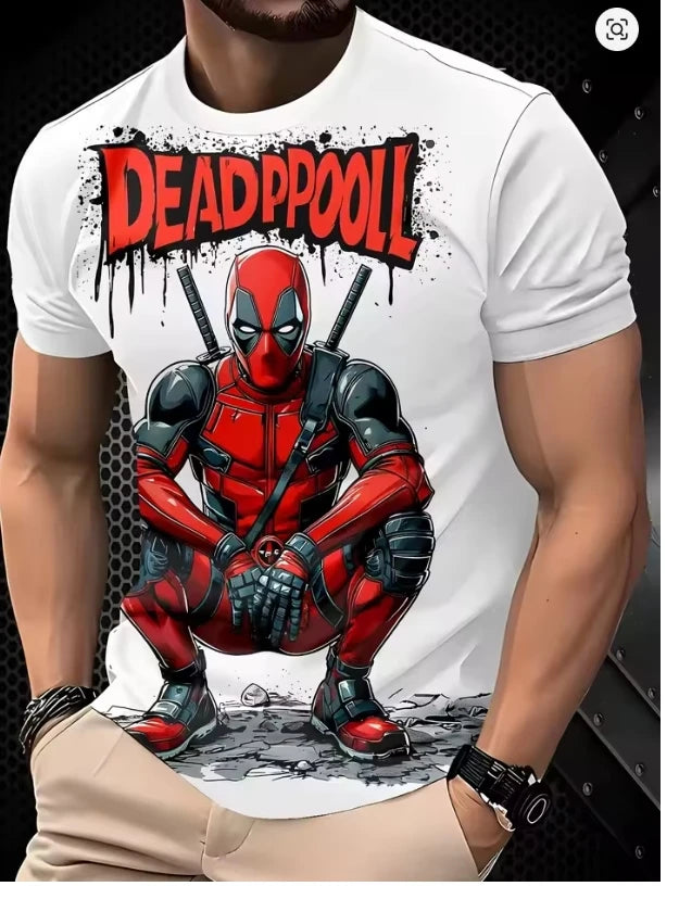 T-shirt masculina Deadpool 3D - Agachado com katanas sobre fundo branco