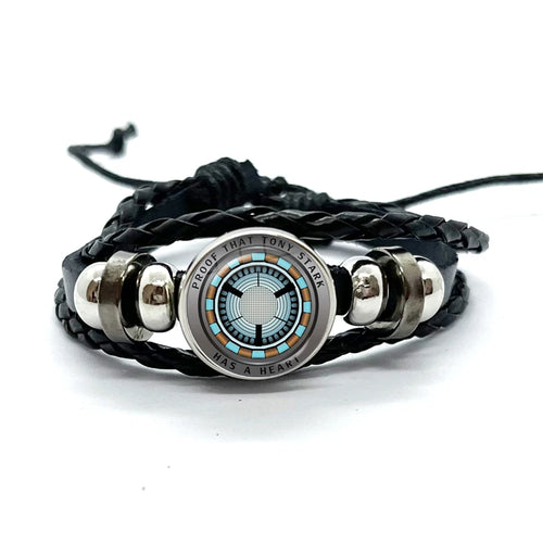 Tony Stark-läderarmband med bågreaktor – svart, turkosa strålar och trianglar