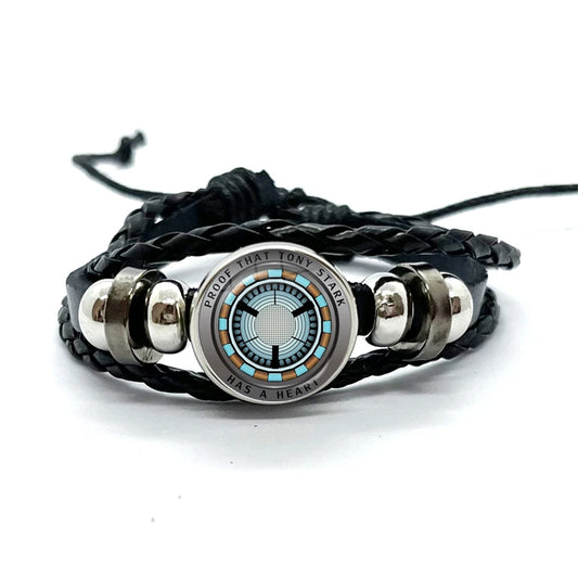 Tony Stark-läderarmband med bågreaktor – svart, turkosa strålar och trianglar