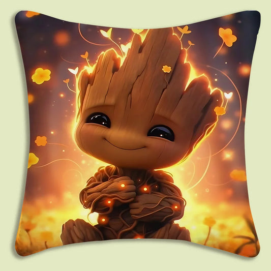 Povlak na polštář Baby Groot – světlušky, zlaté květiny, jemný vzhled