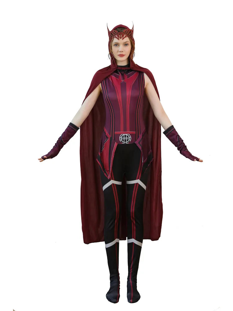 Wanda Maximoff Scarlet Witch-cosplaydräkt – röd jumpsuit med mantel och huvudbonad