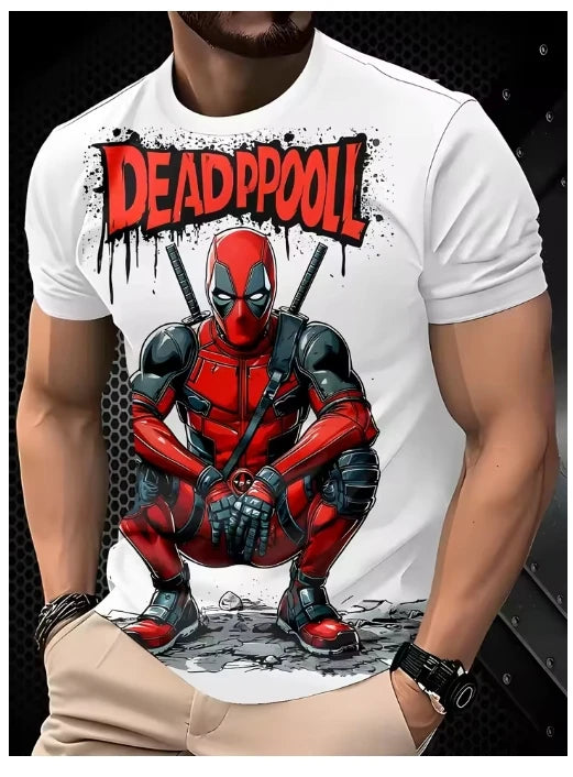 Deadpool 3D Men's T-Shirt - Crouching with Katanas, White Background