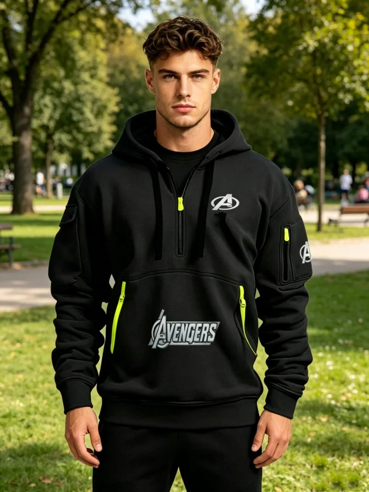 Avengers Half-Zip Hoodie Men's - Multi-Pocket Black Yellow
