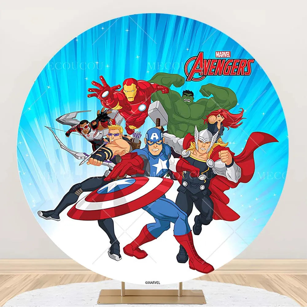 Rund Avengers-bakgrund – Födelsedagsdekoration med hjältegrupp