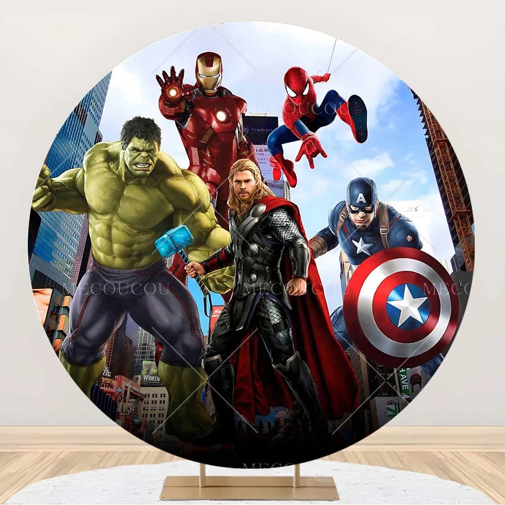 Rund Avengers-bakgrund – Födelsedagsdekoration med hjältegrupp