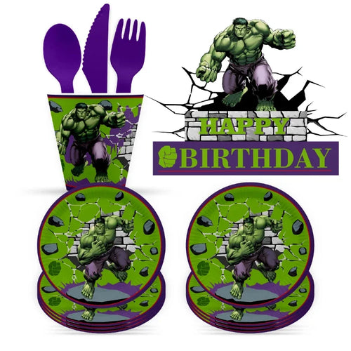 Set pentru aniversare Hulk - Farfurii, pahare, tacâmuri și decorațiuni