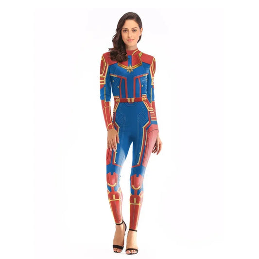 Disfarce da Capitã Marvel — fato azul e vermelho com estrela dourada