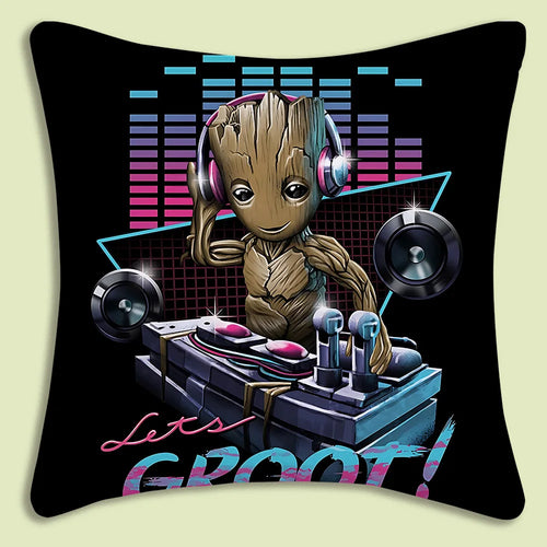 Baby Groot díszpárnahuzat – DJ-fejhallgató, neon „Let's Groot”