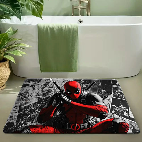 Koupelnová předložka Deadpool – katana na černobílém komiksovém pozadí s červenými prvky