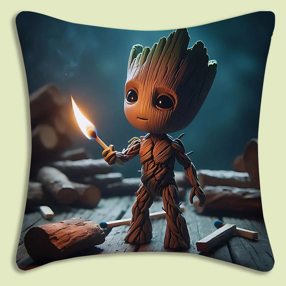 Baby Groot díszpárnahuzat – lángoló gyufa, fahasábok