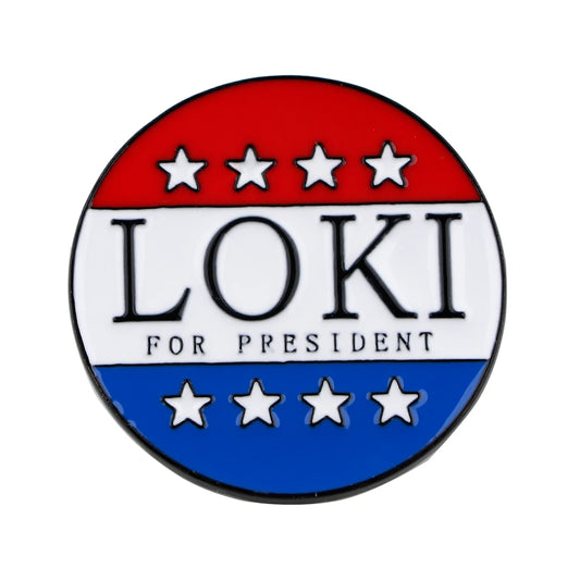 Insignă metalică Loki For President - broșă vintage cu stele