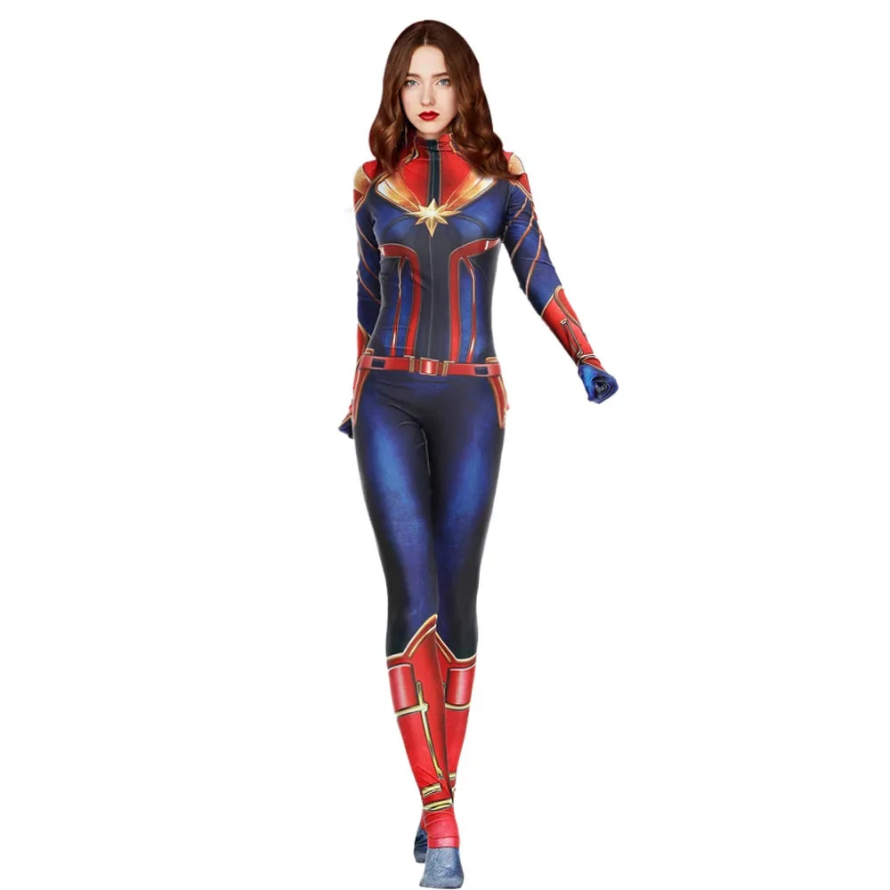 Costum Captain Marvel – combinezon albastru, roșu și auriu