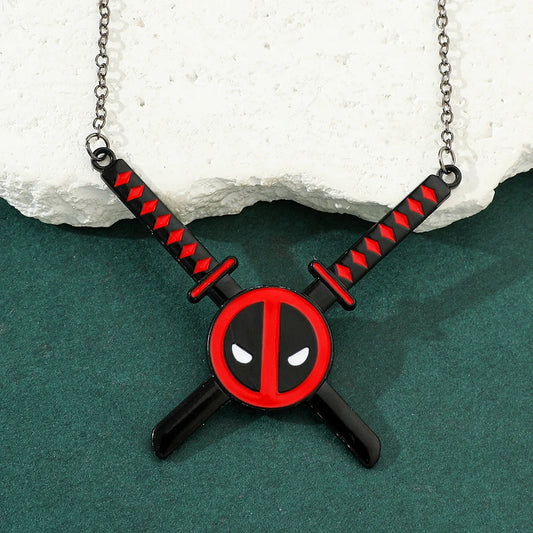 Deadpool-halsband med hänge – dubbla korsade katanas i rött och svart