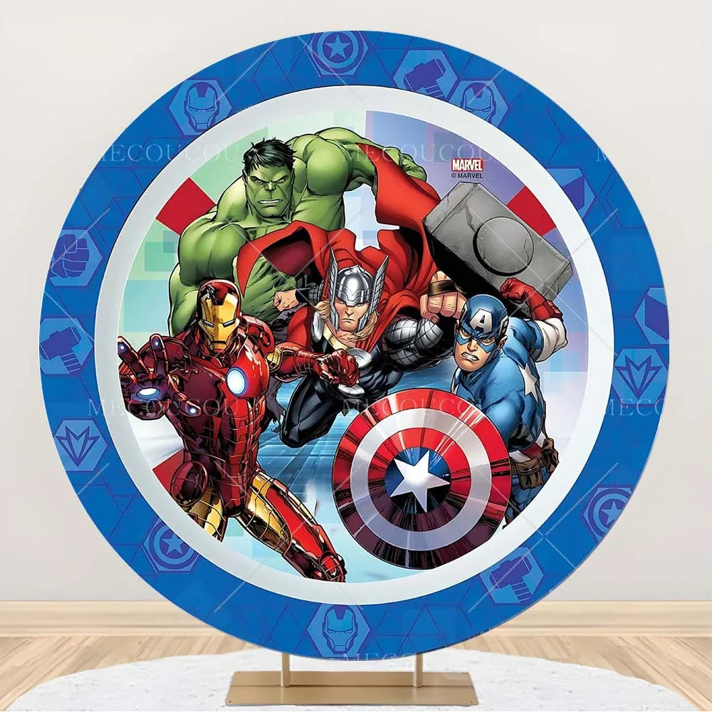 Rund Avengers-bakgrund – Födelsedagsdekoration med hjältegrupp