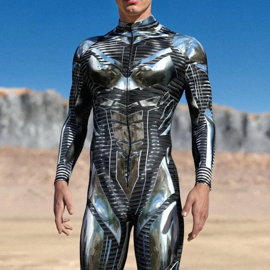 Disfarce de fato futurista - Armadura cromada preta e prateada