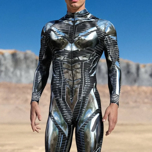 Costum cu combinezon futurist – armură cromată neagră și argintie