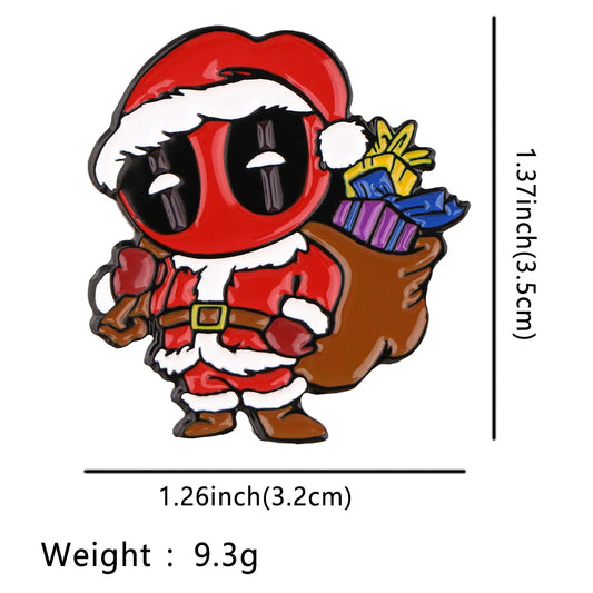 Kovový odznak Deadpool jako Santa Claus – brož s dárky a červeným kostýmem