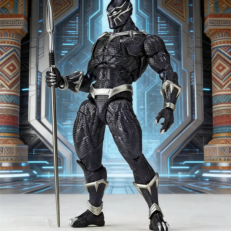 Figurină articulată Black Panther 3.0 - Textură cu solzi aurii, suliță decorativă