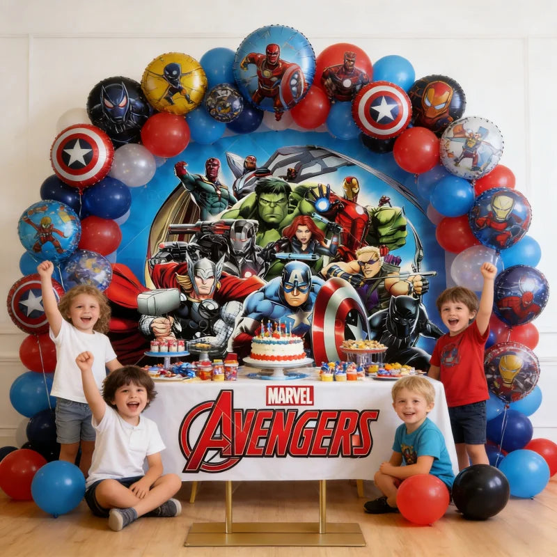 Rund Avengers-bakgrund – Födelsedagsdekoration med hjältegrupp