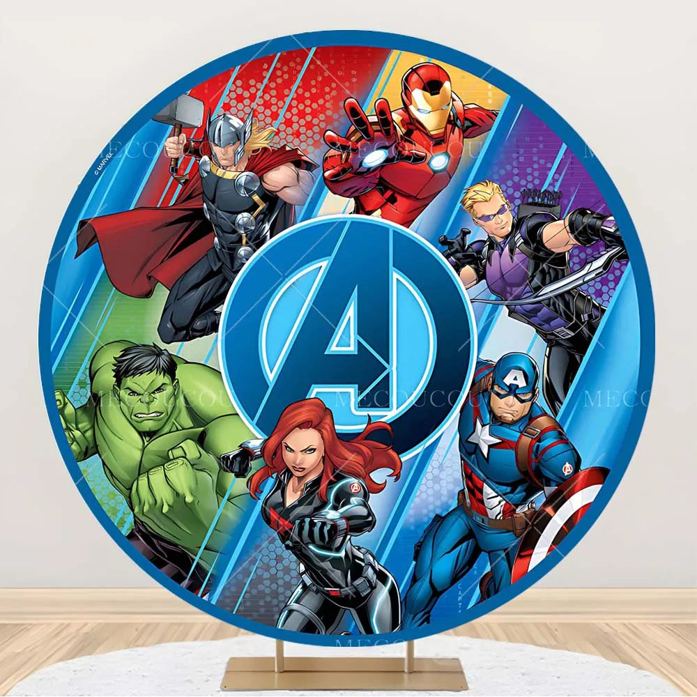 Rund Avengers-bakgrund – Födelsedagsdekoration med hjältegrupp