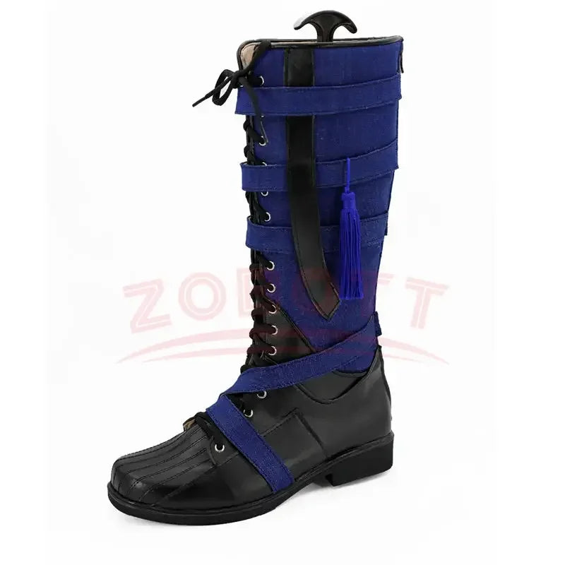Cizme cosplay fantasy - piele albastru marin și neagră, cu pompon (bărbați)