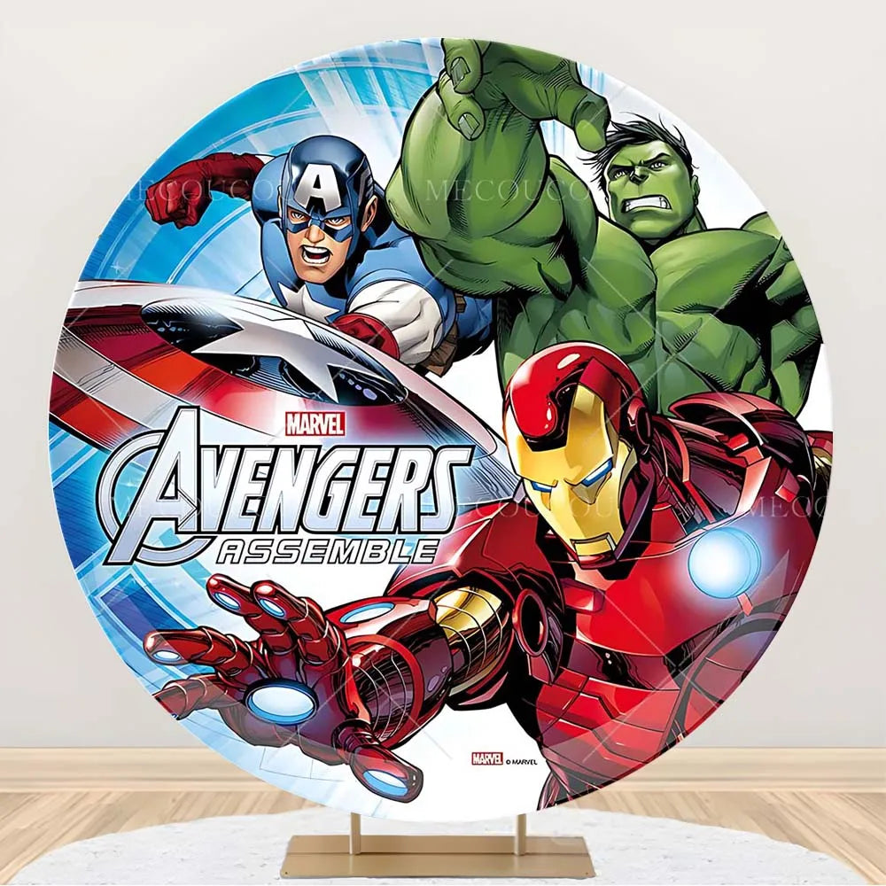 Rund Avengers-bakgrund – Födelsedagsdekoration med hjältegrupp