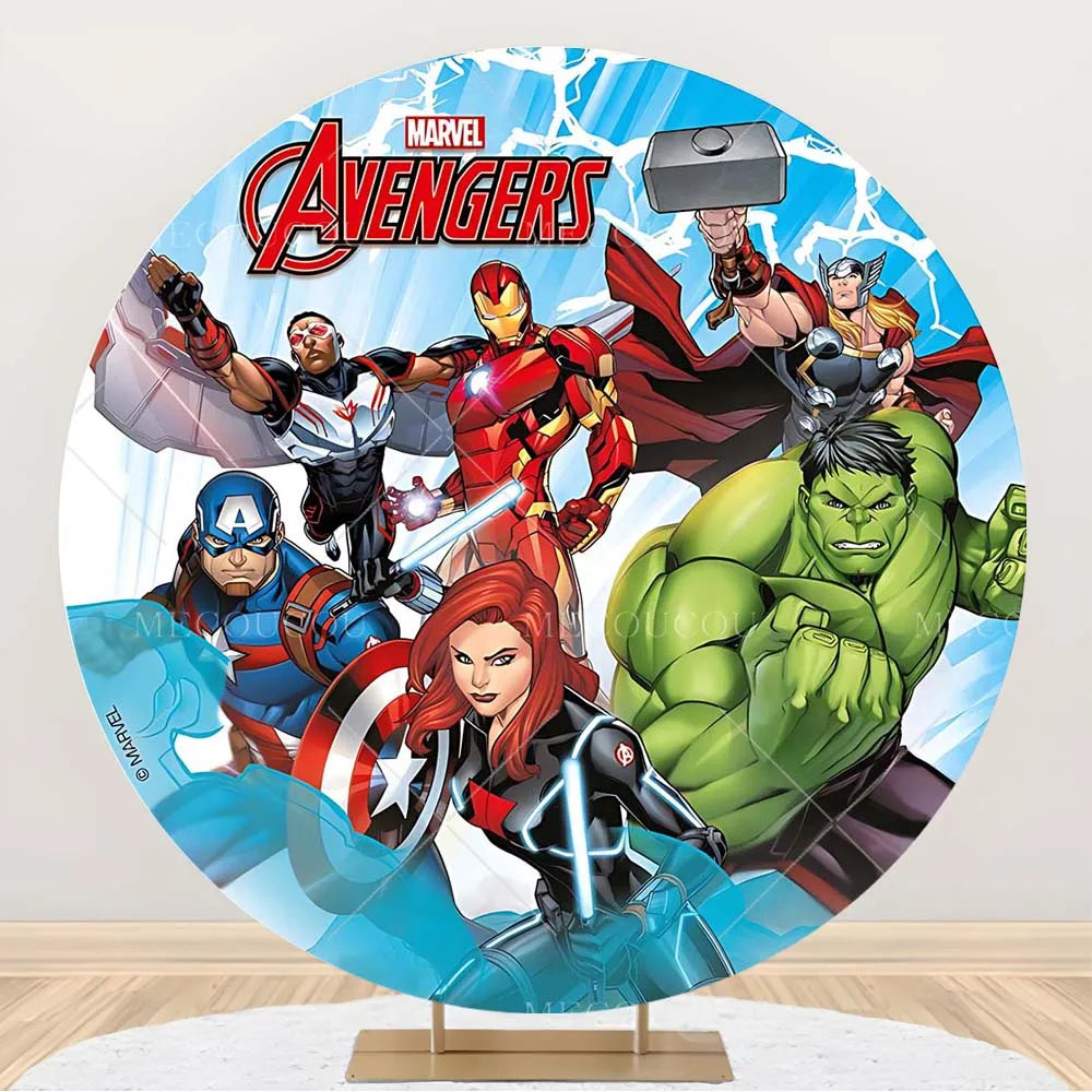 Rund Avengers-bakgrund – Födelsedagsdekoration med hjältegrupp
